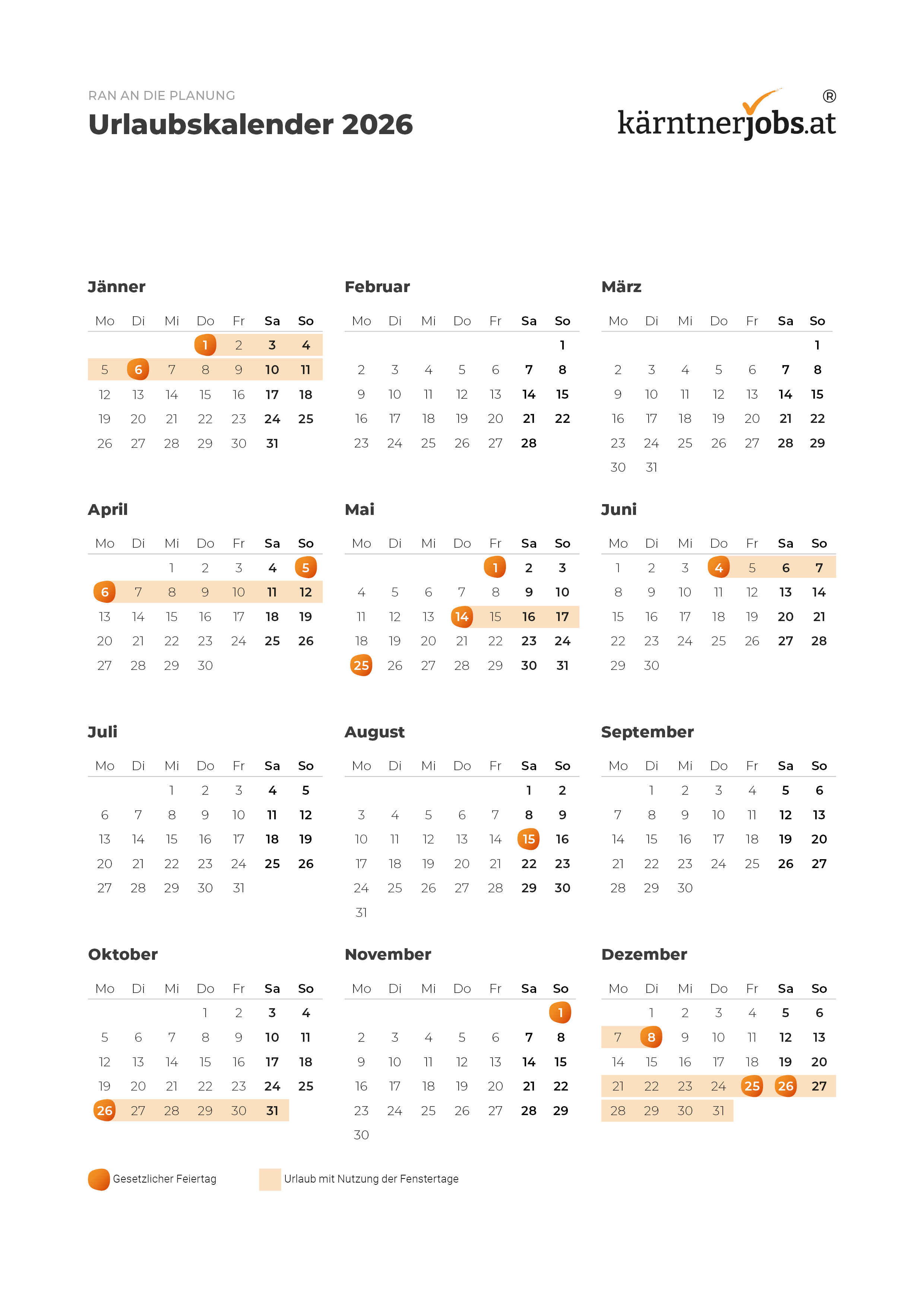 Urlaubskalender Fenstertage 2026